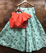 Multicolor Printed Satin Semi Stitched Lehenga With Dupatta