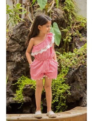 Red Cotton Woven Kids Frocks 1