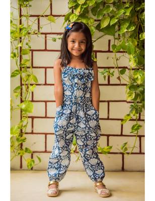 Blue Cotton Printed Kids Frocks 1