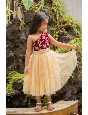 Cream Net Embroidered Kids Frocks 1