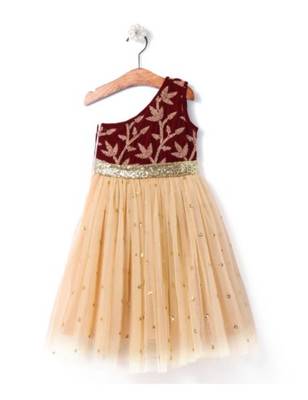 Cream Net Embroidered Kids Frocks 2