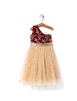 Cream Net Embroidered Kids Frocks 3
