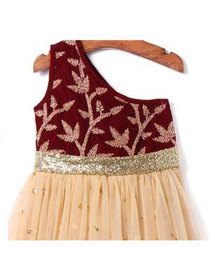 Cream Net Embroidered Kids Frocks 4