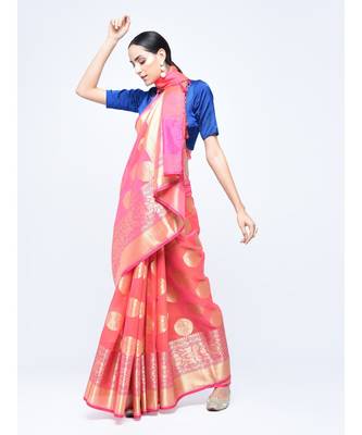 Pink woven art silk saree with blouse 1