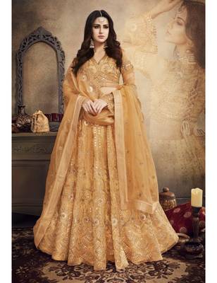 peach embroidery net lehengas with blouse 1
