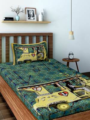 Yellow Auto Rickshaw Cotton Single Bedsheet with 1 pillow Cover 1