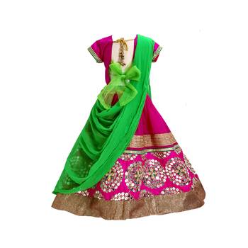 Traditional Magenta & Green Mirror Work Lehenga Choli for Girls 3
