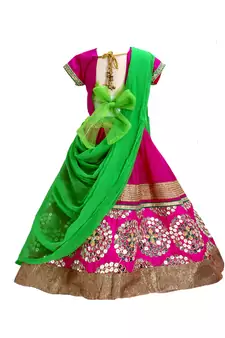 Traditional Magenta & Green Mirror Work Lehenga Choli for Girls