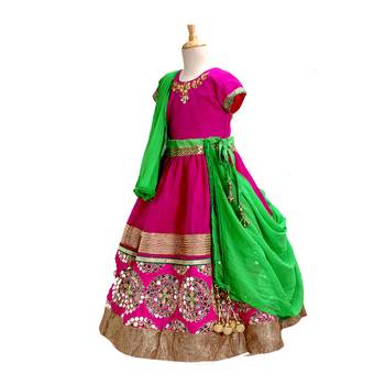 Traditional Magenta & Green Mirror Work Lehenga Choli for Girls 4