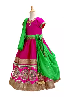 Traditional Magenta & Green Mirror Work Lehenga Choli for Girls