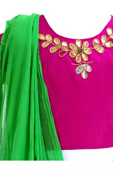 Traditional Magenta & Green Mirror Work Lehenga Choli for Girls