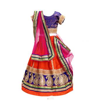  Vibrant Orange & Blue Embroidered Lehenga Choli Set for Girls 2