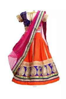  Vibrant Orange & Blue Embroidered Lehenga Choli Set for Girls
