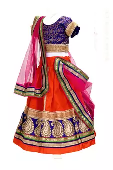  Vibrant Orange & Blue Embroidered Lehenga Choli Set for Girls
