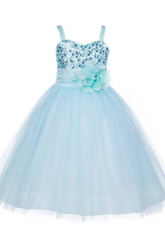 Blue Embroidered Net Kids Frocks