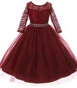 Maroon Plain Net Kids Girl Gowns