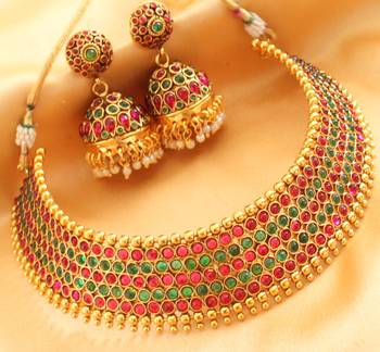 Awesome Designer Pink Green Choker Necklace Set Dj03111 1