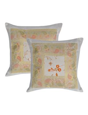 Lal Haveli Silk Fabric Paisley Design White Cushion Covers 16 x 16 inch Set of 2 Pcs 1