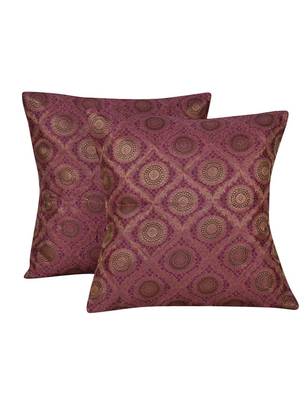 Lal Haveli Rajasthnai Handmade Pink Throw Pillowcases Silk Cushion Covers 16 x 16 inch Set of 2 Pcs 1