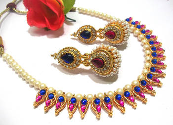 Pink and blue pearl Gota necklace set 1