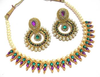 Purple And Green pearl polki necklace set 1