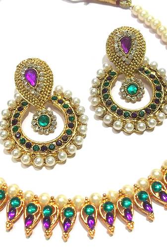 Purple And Green pearl polki necklace set