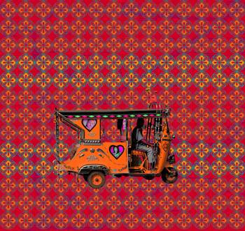 Orange Auto Rickshaw 5 Piece  Piece King Size Cotton Quilted Bedspread 2