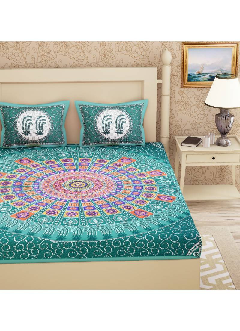 Emart 104 TC Cotton Double Printed Bedsheet (Pack of 1, Light Green