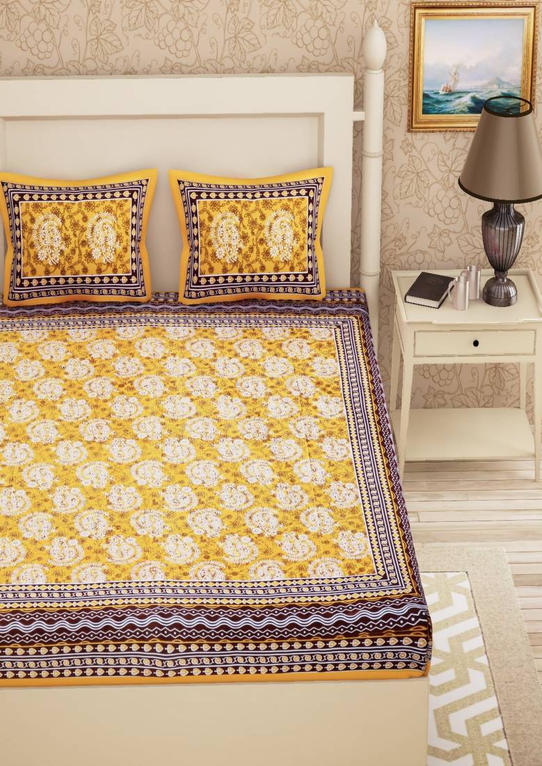 Emart 104 TC Cotton Double Paisley Bedsheet (Pack of 1, Yellow) EMART
