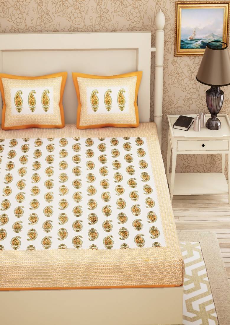 Emart 104 TC Cotton Double Paisley Bedsheet (Pack of 1, Yellow) EMART