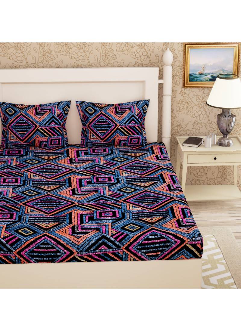 Emart 104 TC Cotton Double Geometric Bedsheet (Pack of 1, Black
