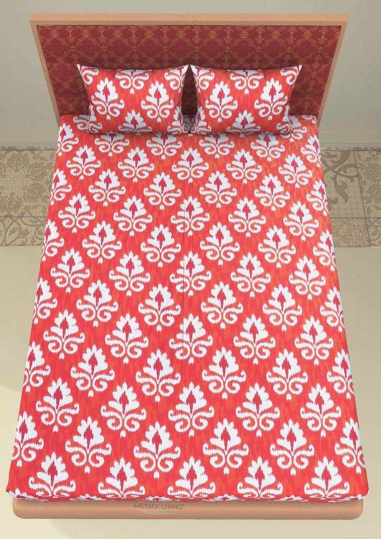 Emart 104 TC Cotton Double Printed Bedsheet (Pack of 1, Orange) EMART