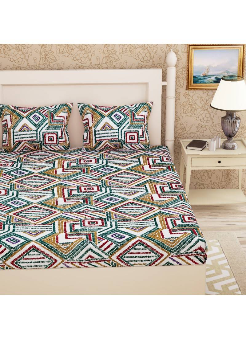Emart 104 TC Cotton Double Geometric Bedsheet (Pack of 1, White