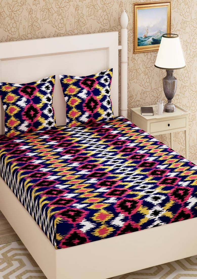 Emart 104 TC Cotton Double Printed Bedsheet (Pack of 1, Blue) EMART
