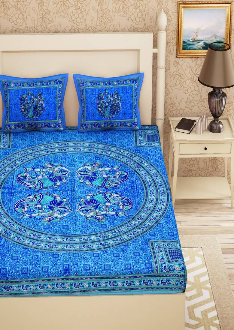 Emart 104 TC Cotton Double Self Design Bedsheet (Pack of 1, Blue