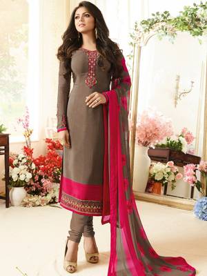 Light-brown embroidered crepe salwar with dupatta 1
