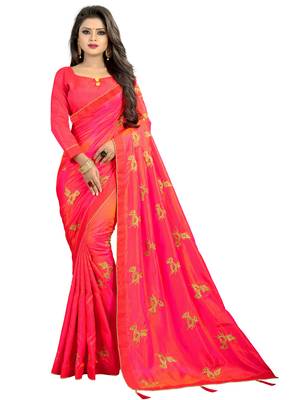 Pink embroidered silk saree with blouse 1