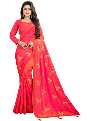 Pink embroidered silk saree with blouse 2