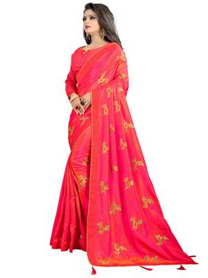 Pink embroidered silk saree with blouse 3