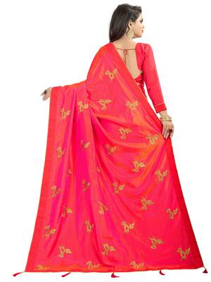 Pink embroidered silk saree with blouse 4