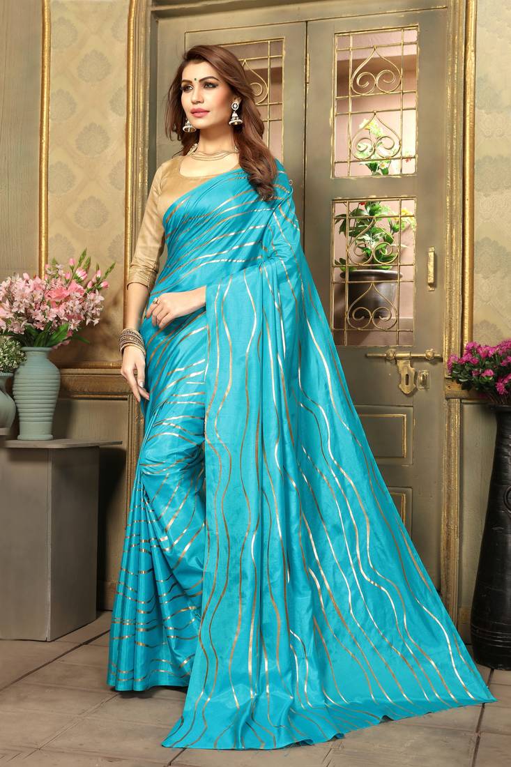 Women's Silk Blend Blue Printed Designer Saree With Blouse Piece
