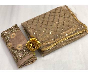 Beige sequin embroidered net saree With Blouse 3