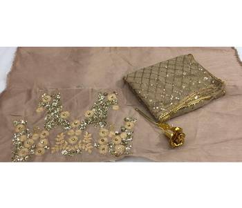 Beige sequin embroidered net saree With Blouse 4