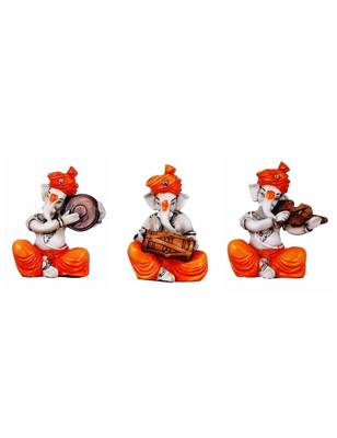 Karigaari India Polyresine Set of 3 Orange Dhoti & Turban Ganesha Playing Instruments Showpiece 1