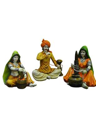 Karigaari Man with Hukka and Lady with Chaas and Mirchi Polyresine Showpiece (15.24 cm x 15.24 cm x 12.7 cm, Set of 3) 1