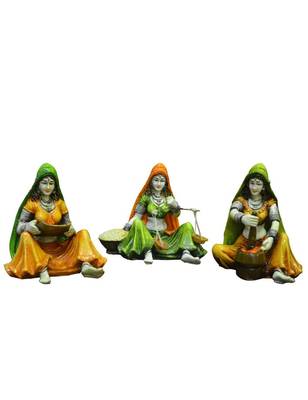 Traditions of Rajasthani Ladies Doing Different Activities Polyresine Idol (15.24 cm x 15.24 cm x 15.24 cm, Set of 3) 1