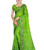 Parrot green printed art silk saree with blouse