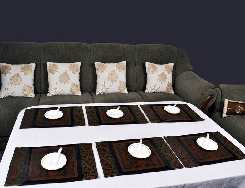 Lal Haveli Handmade Decorative Table Mats Set of 6 Silver Banarsi silk Fabric Kitchen Placemats