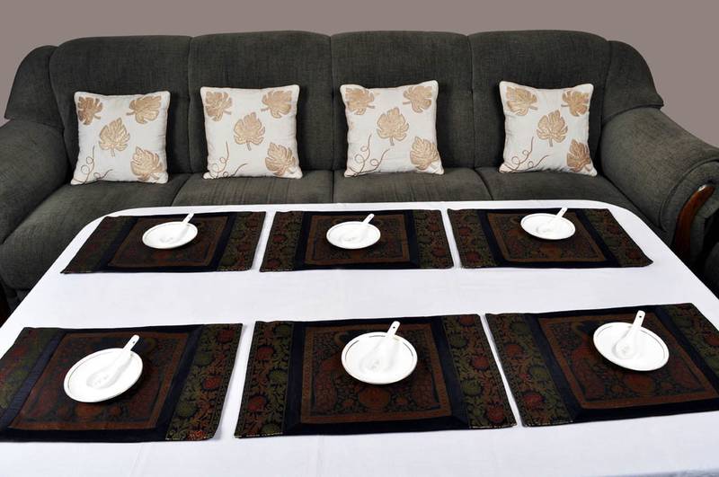 Lal Haveli Handmade Decorative Table Mats Set of 6 Silver Banarsi silk