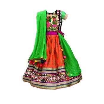 Orange embroidered cotton stitched lehenga 1